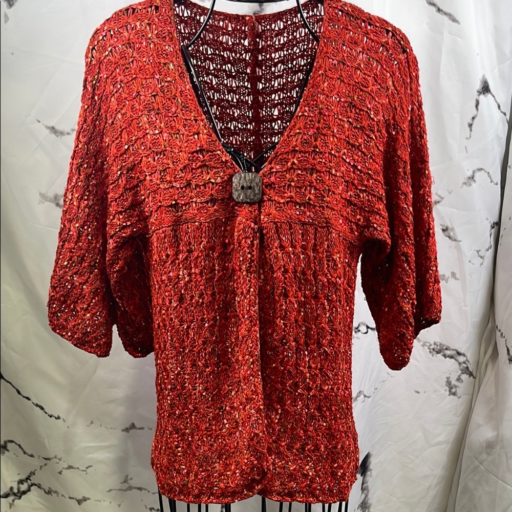 Coldwater Creek Loose Weave Cardigan Bohemian Ribbon Square Button Open Front